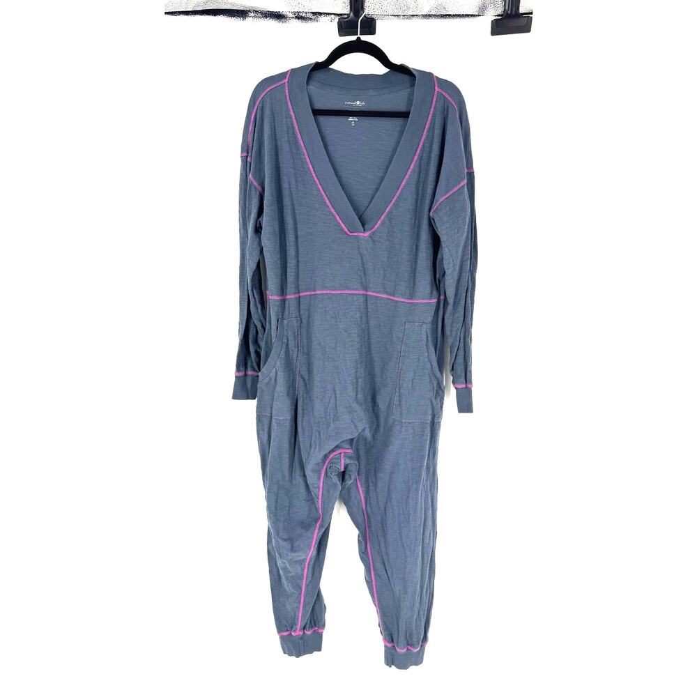 Natural Life Blue Vneck Long Sleeve Jumpsuit Pink Stitching